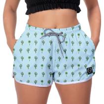 Short Feminino Azul Casual Praia Cactos Verão Academia