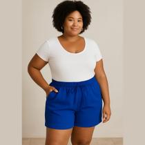Short Feminino Cintura Alta Duna Plus Size Tendencia Verão Com 2 Bolsos Funcionais Cós Alto Saida De Banho Praia Viagem de Ferias Tamanho 42 ao 52 G1