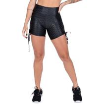 Short Feminino Cirrê Bolha 3D Relevo Levanta Bumbum de Amarrar Cintura Alta Academia Fitness Treino