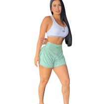 Short Feminino Duplo Fitness Academia Corrida Cintura Alta Bolso Zíper Traseiro Caminhada Ciclismo Treino Ginástica Confortável Não Enrola