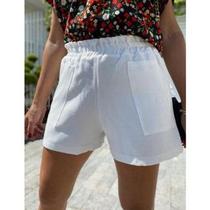 Short feminino elastico na cintura com bolso linho moda confortável