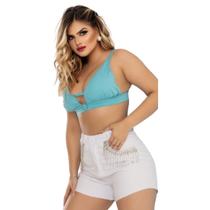 Short Feminino Jeans Branco Barra Fio Com Strass e Pedraria Short Feminino Jeans Branco Barra Fio Com Strass e Pedraria