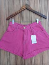 Short Feminino Jeans Colorido Godê Barra Dobrada Pink Tam P