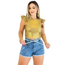 Short Feminino Jeans Cós Alta Barra Desfiada Com Cordão - Fortaleza Jeans