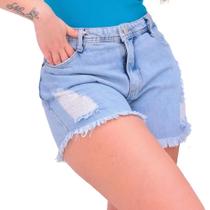 Short Feminino Jeans Curto Cintura Alta Barra Desfiada