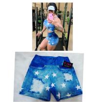 Short feminino jeans fake estrelado