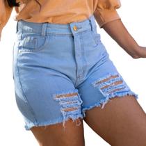 Short Feminino Jeans Mom Destroyed Cintura Cintura Alta Azul Claro