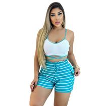 Short Feminino Malha Azul Listrado AJustável com Top