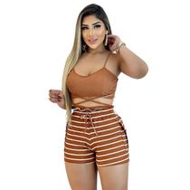 Short Feminino Malha Marrom Listrado AJustável com Top