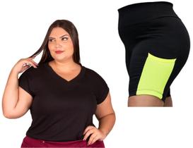 Short Feminino Plus Size Bermuda Fitness Academia Caminhada E Blusa Blusinha Lisa Basica Gola V