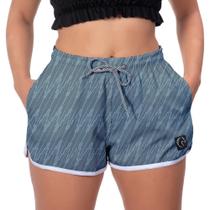 Short Feminino Rabiscado Azul Casual Praia Liso Verão Runner