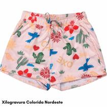 Short Feminino Tactel Verão Soltinho Praia Bolsos Frente Cor:Xilogravura Colorida NordesteTamanho:42