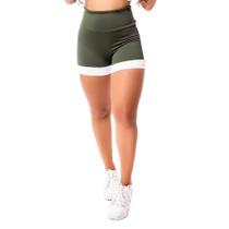 Short Fitness Academia Verde Militar com Branco Cintura Alta