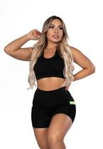 Short Fitness com Bolso Verde Cintura Alta Academia Preto