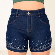 Short Jeans Amaciado Escuro Com Brilho Strass Feminino de Barra Costurada Premium Short Jeans Amaciado Escuro Com Brilho Strass Feminino de Barra Costurada Premium