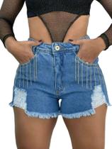 Short Jeans Brilho Strass Puido Moda Feminina