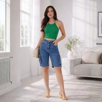 Short Jeans Cargo Feminino Cintura Alta Meia Coxa 100 Algodão Com Bolsos Laterais Modelagem Confortável Premium