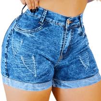 Short Jeans Cintura Alta Meia Coxa Levanta Bumbum Lycra Marmorizado Short Jeans Cintura Alta Meia Coxa Levanta Bumbum Lycra Marmorizado