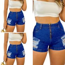 Short Jeans Feminino 100% Algodão De Ziper Detalhe Rasgado Na Perna