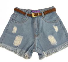 Short jeans feminino adulto algodão com elastano tamanho 36 lavagem clara com detalhes destroyed