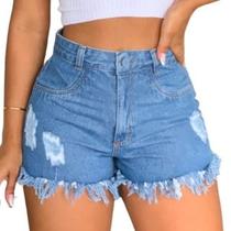 Short Jeans Feminino Azul Cintura Alta Botão Coberto Zíper Barra Desfiada 100 Algodão Conforto e Estilo