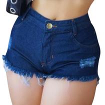 Short Jeans Feminino Azul Escuro Cintura Alta Botão Dourado Zíper Ruídos Barra Desfiada Cós Alto da Moda