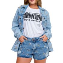 Short Jeans Feminino Bordado Manual Flores em Cristais e Chatons