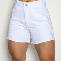 Short Jeans Feminino Branco Com Brilho Lateral