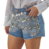 Short Jeans Feminino Campeão de de vendas Com Bordado Manual Em Pedrarias Exclusivo .