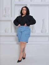 Short Jeans Feminino Cargo Plus Size Marmorizado Cintura Alta Curvy Short Jeans Feminino Cargo Plus Size Marmorizado Cintura Alta Curvy