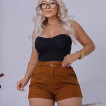 Short Jeans Feminino Casual com Elástico no Cós e Bolsos Caramelo