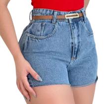 Short Jeans Feminino Cintura Alta Cinto Fino - Lavagem Clara