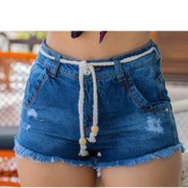Short Jeans Feminino Cintura Alta Com Cinto Cordão Novidade