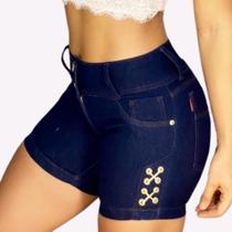 Short Jeans Feminino Cintura Alta Lycra Empina Bumbum Com Ilhós Premium Meia Coxa Cós Alto Bermuda