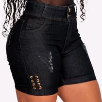Short Jeans Feminino Cintura Alta Lycra Empina Bumbum Com Ilhós Premium Meia Coxa Cós Alto Bermuda Short Jeans Feminino Cintura Alta Lycra Empina Bumbum Com Ilhós Premium Meia Coxa Cós Alto Bermuda