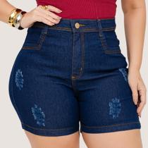 Short Jeans Feminino Cintura Alta Lycra Shorts Plus Size Meia Coxa Barra Desfiado Bermuda Com Bolso