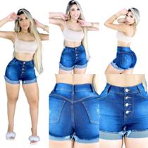 Short Jeans Feminino Cintura Alta Modelo Detonado 4 Botões Dobrado Na Perna Cós Alto Da Moda