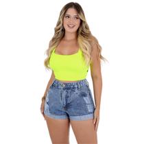 Short Jeans Feminino Cintura Alto Destroyed Barra Dobrada - Fortaleza Jeans