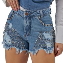 Short Jeans Feminino Com Bordado Manual Em Cristais Holográfico