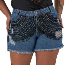 Short Jeans Feminino com Bordado Manual em Strass e Cristais