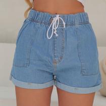 Short Jeans Feminino Com Cordão Cós Elástico