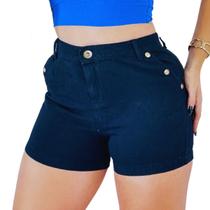 Short Jeans Feminino Com Detalhe de Botões nas Laterais Azul Escuro Cintura Alta