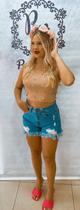 Short Jeans Feminino Com Laycra Detalhe Desfiado na Frente Short Jeans Feminino Com Laycra Detalhe Desfiado na Frente