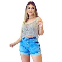 Short Jeans Feminino Com Lycra Cós Alto Levanta Bumbum Fecho de Botão Dourado Valoriza a Silhueta