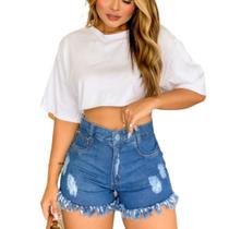 Short Jeans Feminino Cós Alto Hot Pants Barra Desfiada Detalhes Detonados
