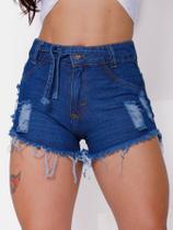Short jeans feminino desfiado destroyed com cordinha