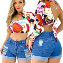 Short Jeans Feminino Destroyed 4 Botões Bermuda Jeans Premuim