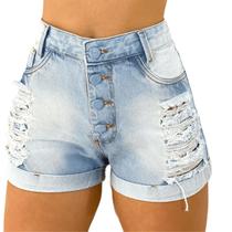 Short Jeans Feminino, Lavagem Clara, 04 Botões Emcapados, Modelo Detonado e Cintura Alta, Descolado