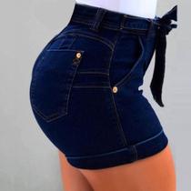 Short jeans feminino levanta bumbum cintura alta na cor azul escuro no tamanho 38
