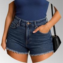 Short Jeans Feminino Lycra Cintura Alta Barra Desfiada